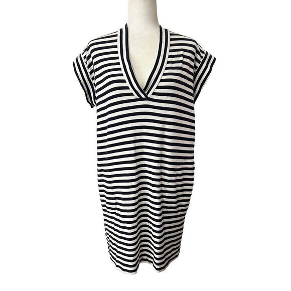 ATM Black & White Striped XSmall V-Neck Short-Sleeve T-Shirt Cotton Dress - Picture 1 of 8